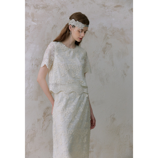 奥芝国 情愫如诗  重工蕾丝套装女钉珠圆领短袖上衣+中长半身裙SW