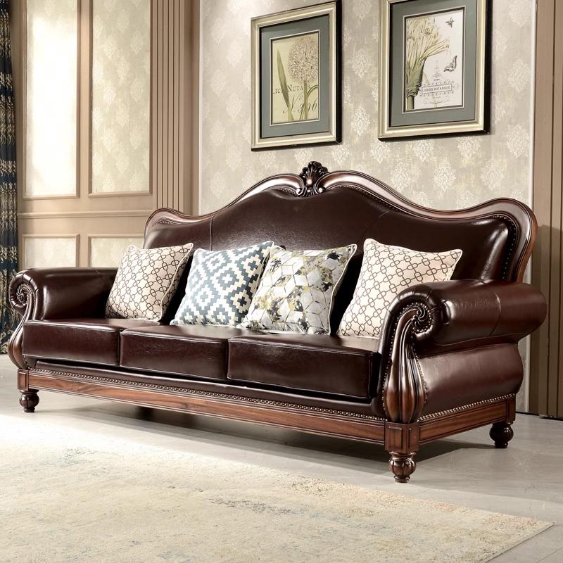 美式乡村全实木真皮沙发