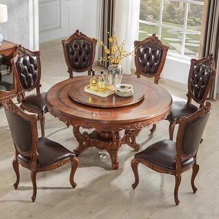 美式实木餐桌客厅雕花圆餐桌复古吃饭桌带转盘欧式餐桌椅组合家用