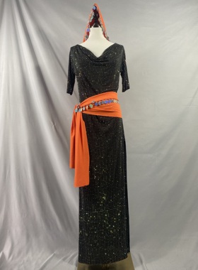 黑色肚皮舞多色满钻袍子橙色头巾腰带东方舞baladi，shabbi长袍