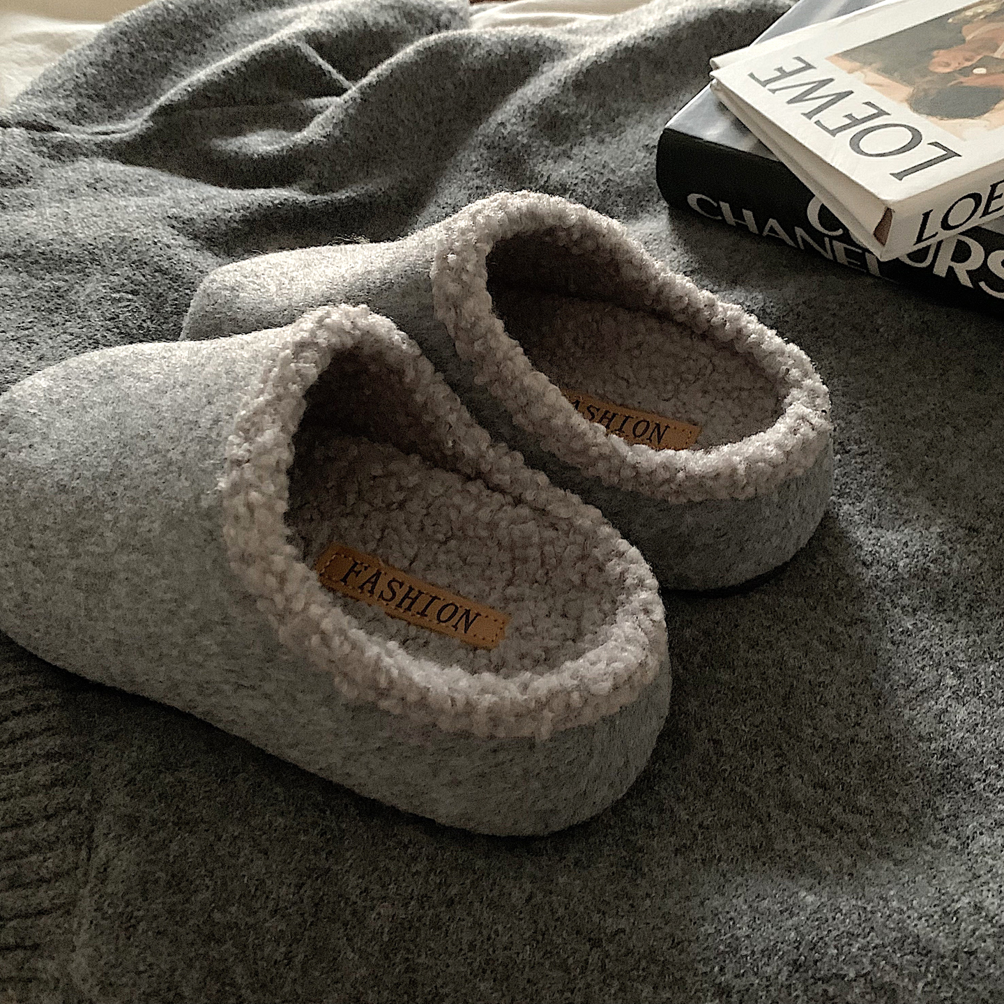 灰呢子~ins复古加绒厚底勃肯拖鞋女冬外穿小众韩风百搭保暖棉拖鞋