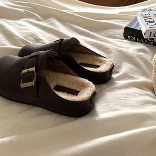 女ins韩国皮面厚底懒人包头棉拖鞋 老钱风保暖 小众复古加绒勃肯鞋