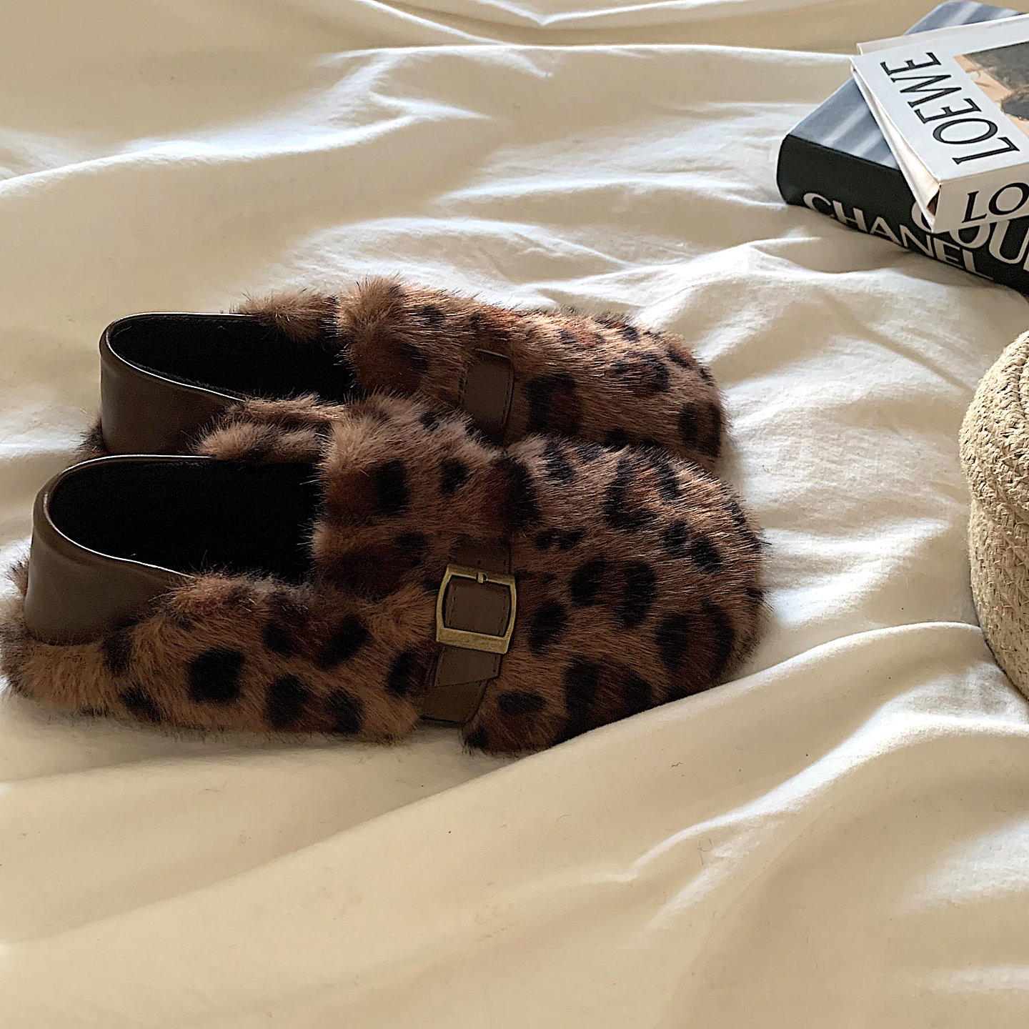 洋气豹纹~两穿时髦加绒毛毛鞋女冬季外穿ins网红保暖一脚蹬棉拖鞋