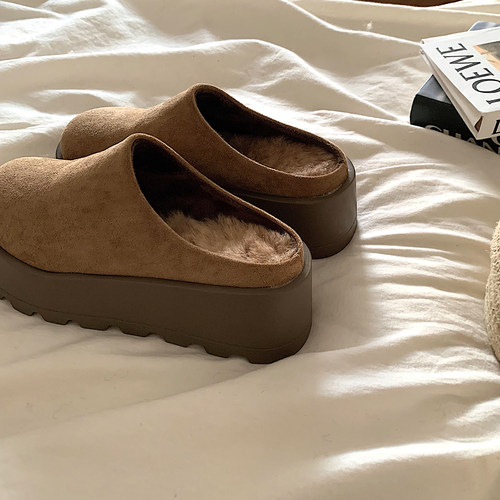 显腿长~ins增高厚底加绒勃肯半拖鞋女冬韩版百搭一脚蹬保暖棉拖鞋