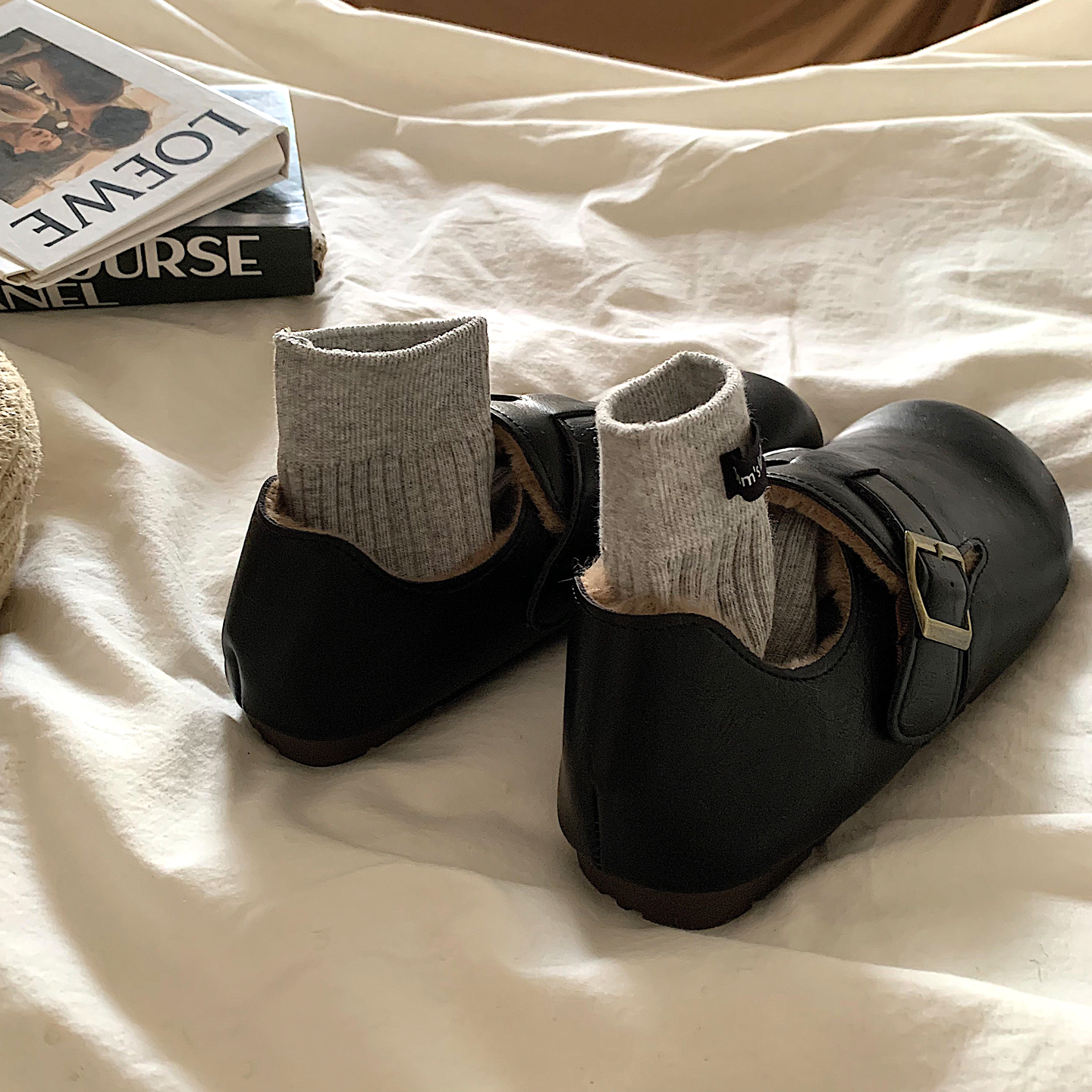 小众复古加绒全包勃肯鞋女冬季ins百搭一脚蹬保暖黑色小皮鞋单鞋