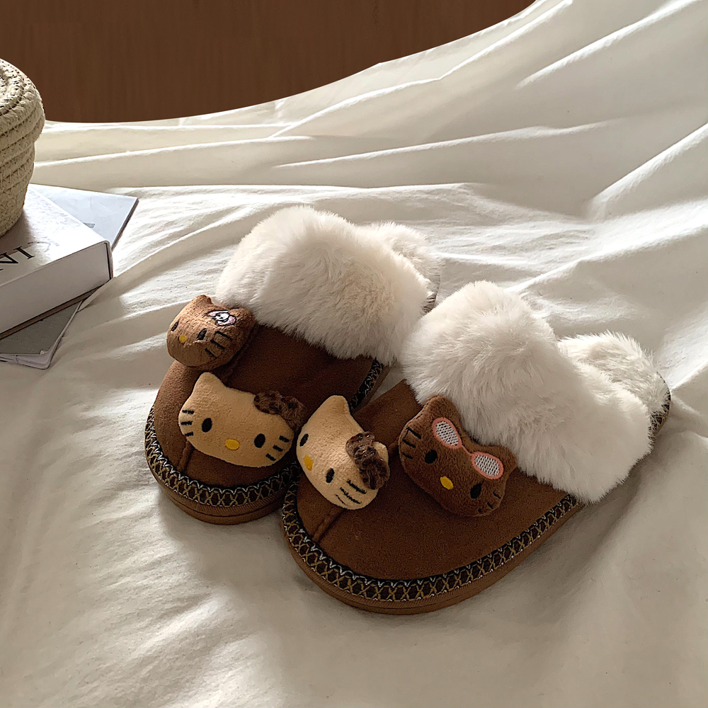 巨厚实可爱kt猫保暖毛毛拖鞋女秋冬外穿加绒勃肯鞋包头棉拖鞋chic