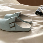 潮 女ins懒人一脚蹬勃肯凉拖鞋 显白奶盐蓝 奶fufu配裙子包头半拖鞋