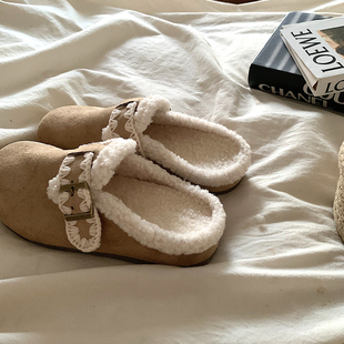 百搭一脚蹬保暖棉拖鞋 女冬ins韩版 ins复古加绒勃肯半拖鞋 软糯糯