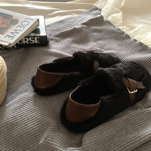 豆豆鞋 女踩脚两穿保暖棉鞋 冬 ins温柔风加绒玛丽珍毛毛鞋 气质奶兔