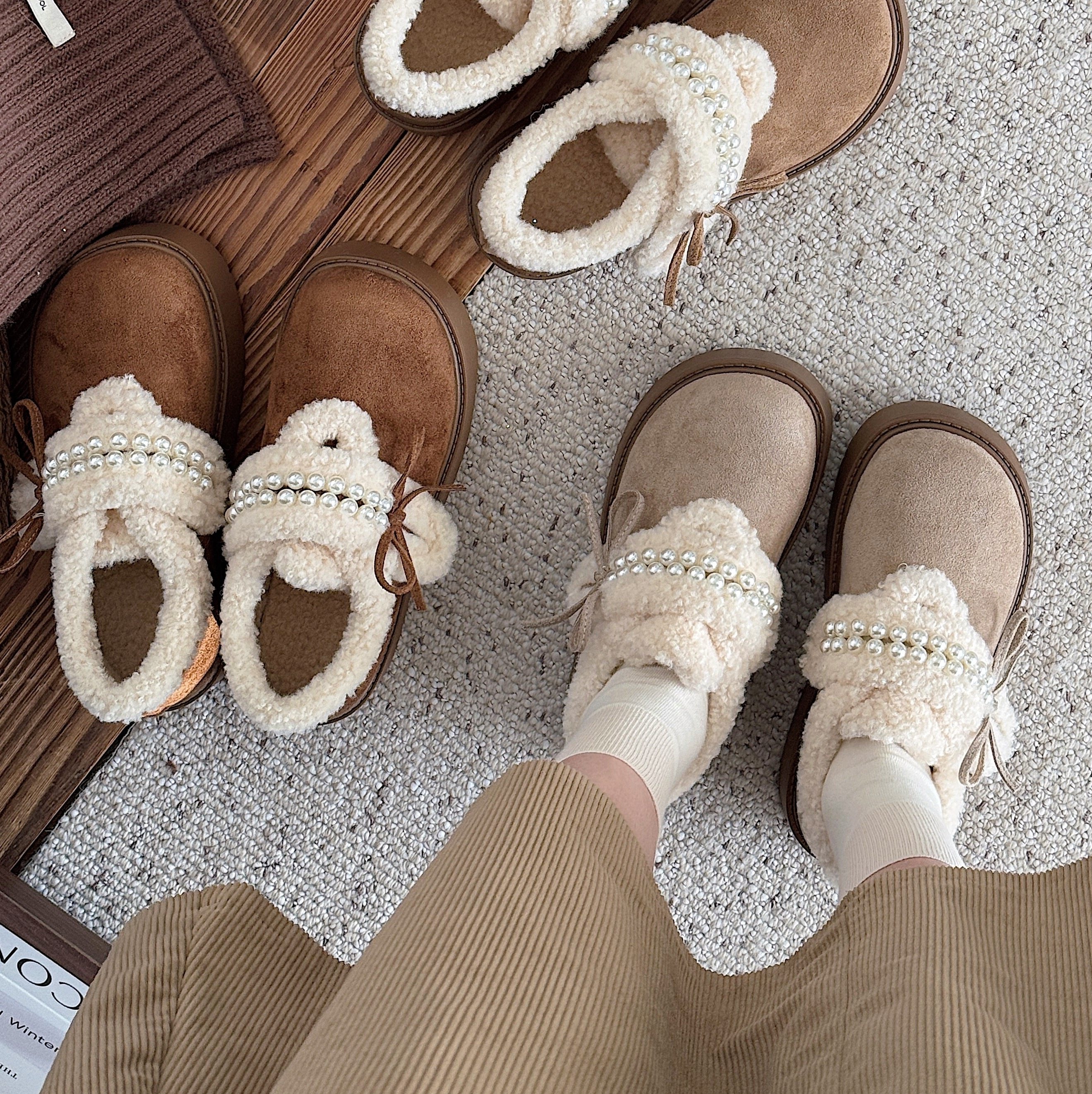 ins仙女风珍珠加绒勃肯鞋女冬季网红百搭复古厚底防滑棉鞋雪地靴