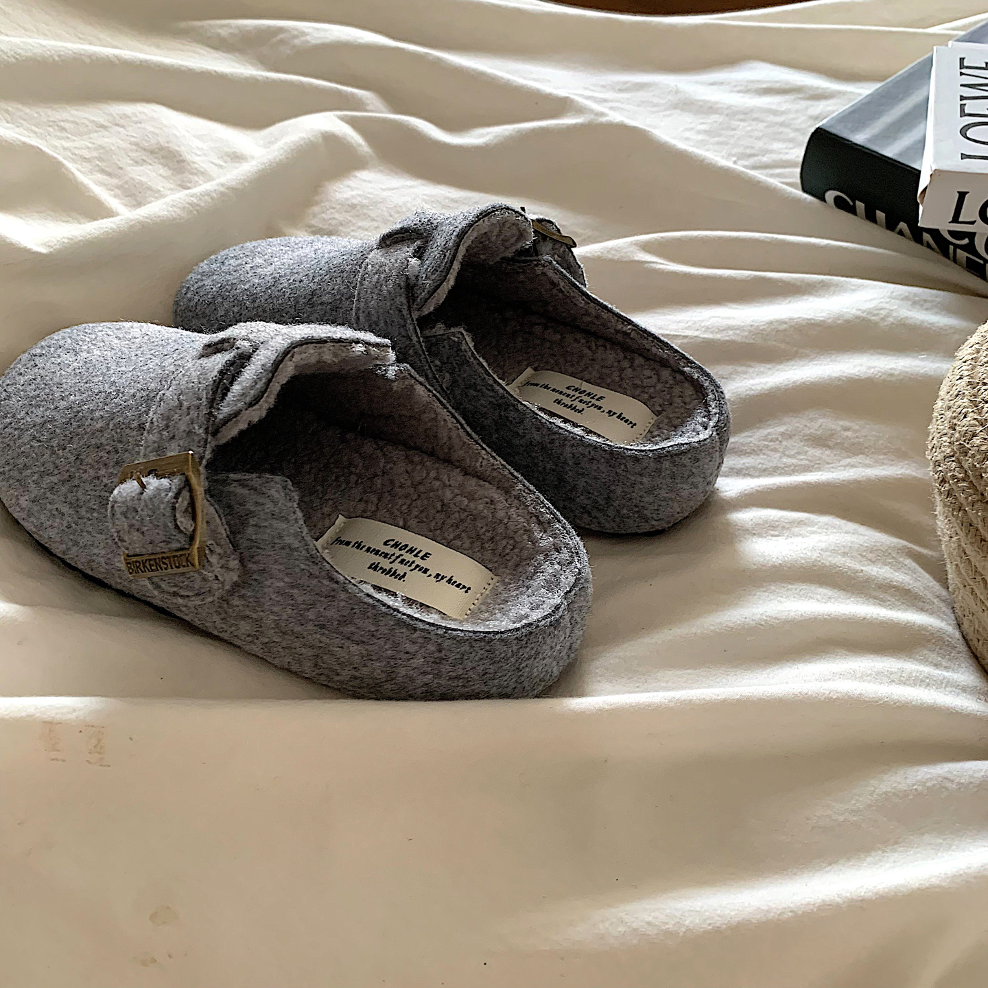 金屿鹿 乌木灰~ins高级感加绒勃肯鞋女冬韩版复古懒人毛呢棉拖鞋