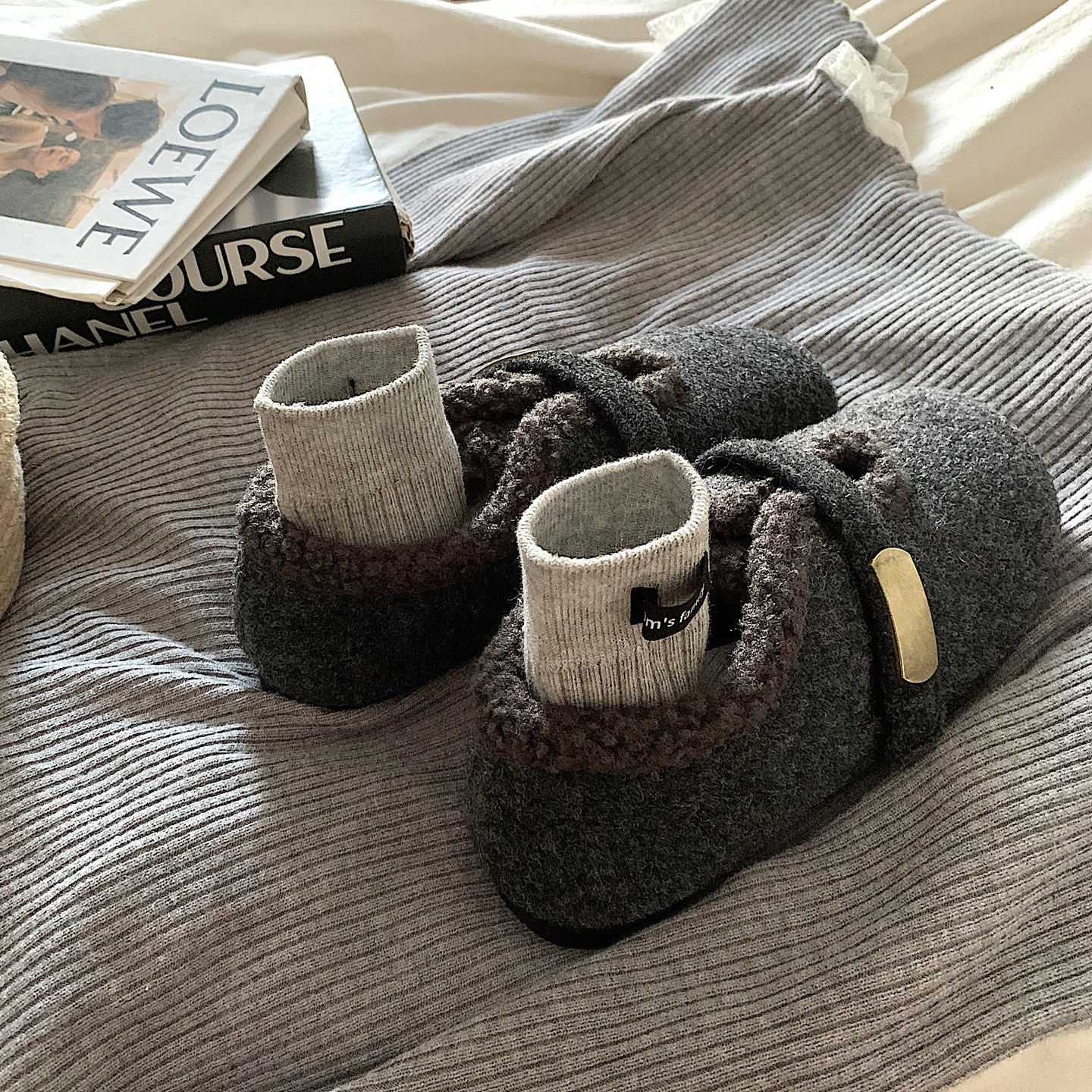 小众复古毛呢灰加绒魔术贴玛丽珍鞋女ins法式圆头一脚蹬保暖棉鞋,女鞋,玛丽珍鞋,淘宝优惠券,粉丝福利购,淘宝优惠卷