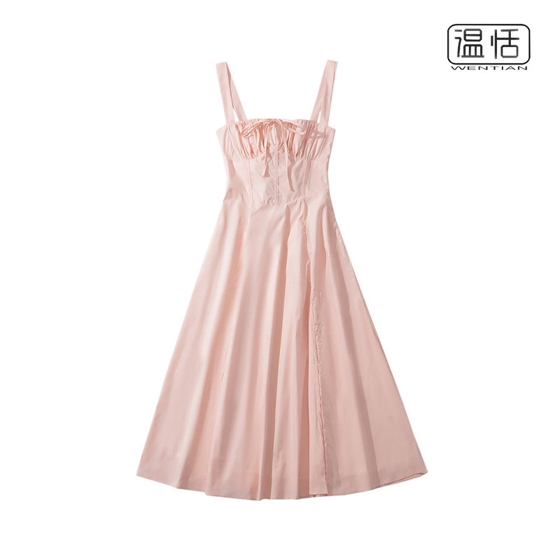 法式A字纯色收腰绑带连衣裙图片