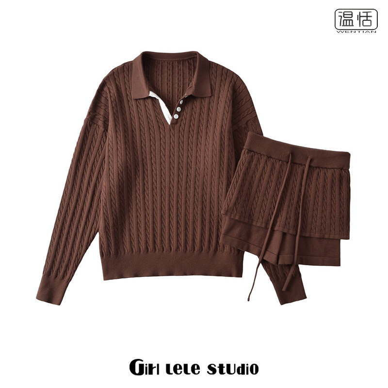 【包邮】慵懒校园风翻领麻花编织长袖针织衫毛衣女+松紧腰短裙裤