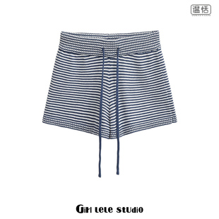 【包邮】美式复古松紧腰条纹抽绳针织短裤女外穿休闲运动显瘦热裤