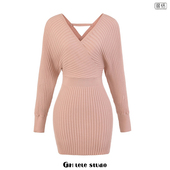 针织连衣裙女收腰显瘦包臀裙气质短裙 V领长袖 包邮 欧美风新款