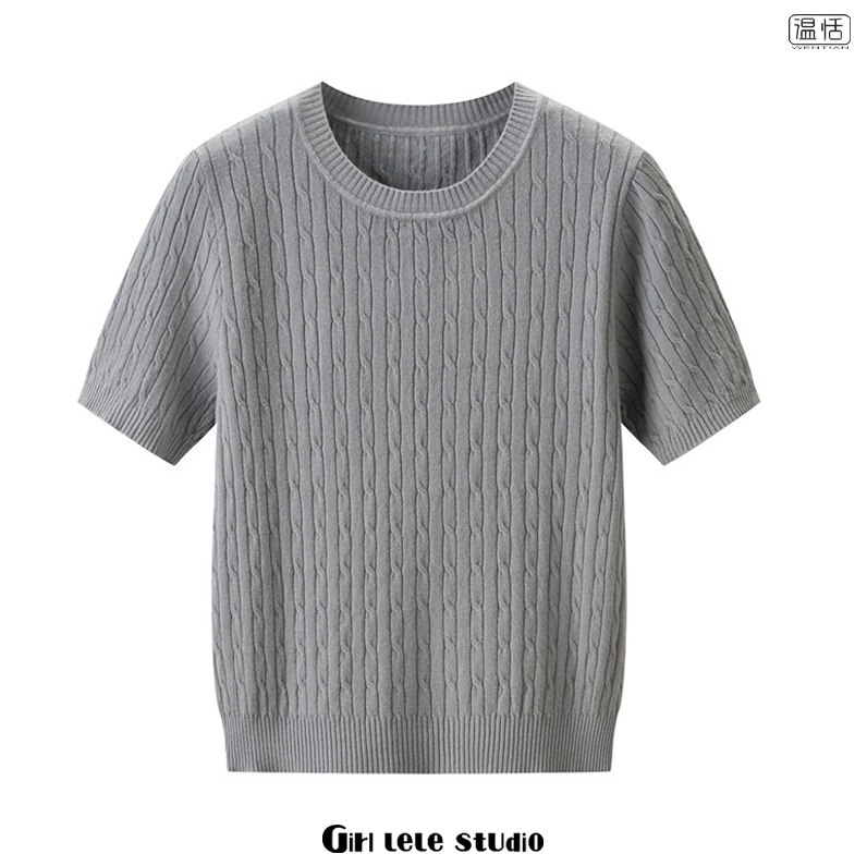 【包邮】欧美风新款气质简约灰色麻花纹理短袖T恤女圆领套头上衣