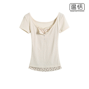 包邮 T恤女夏季 纯欲辣妹花边假两件短袖 上衣 新款 U领紧身打底衫