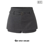 包邮 欧美风早秋高腰送腰带半身裙薄呢条纹假俩件百搭显瘦裙裤