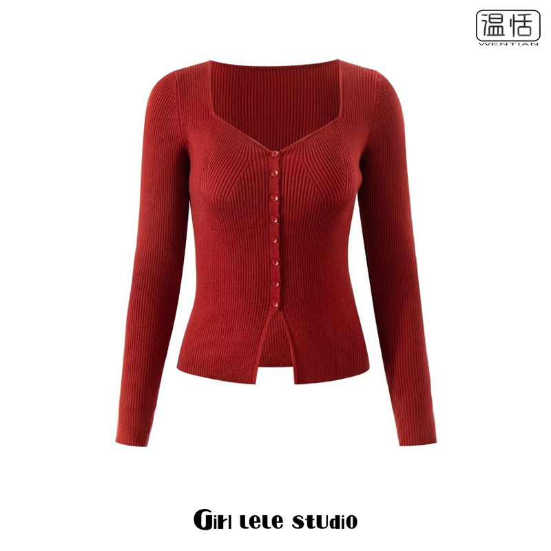 鸡心领法式修身针织毛衣