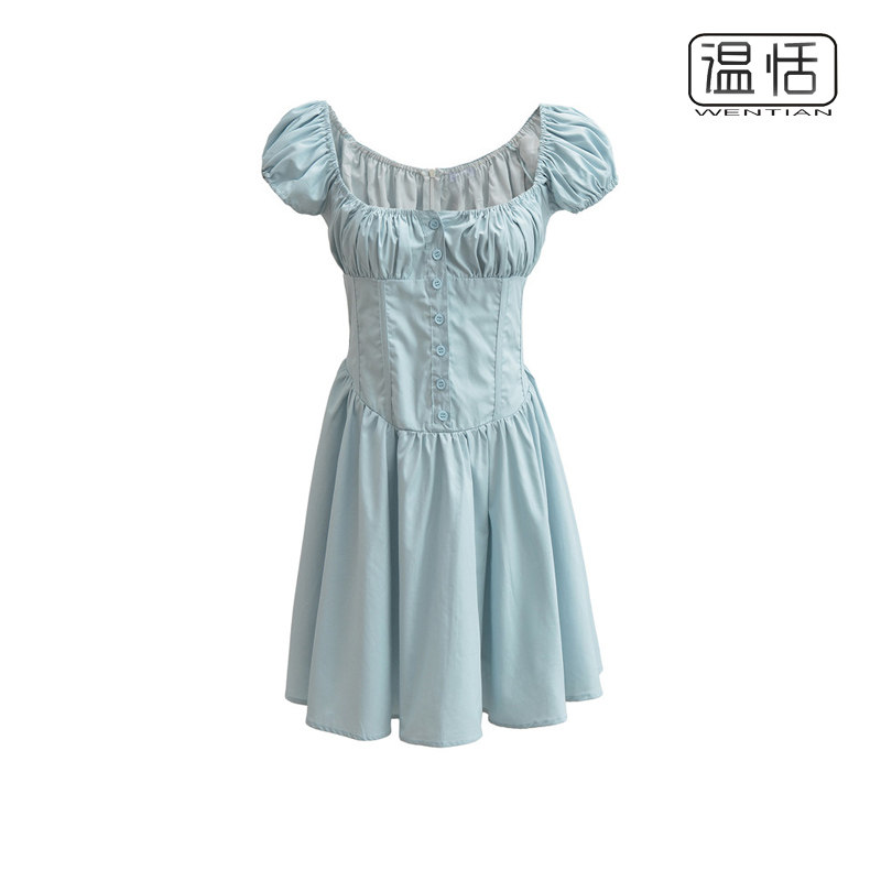 【包邮】欧美风大方领泡泡袖收腰显瘦连衣裙纽扣A字辣妹修身短裙