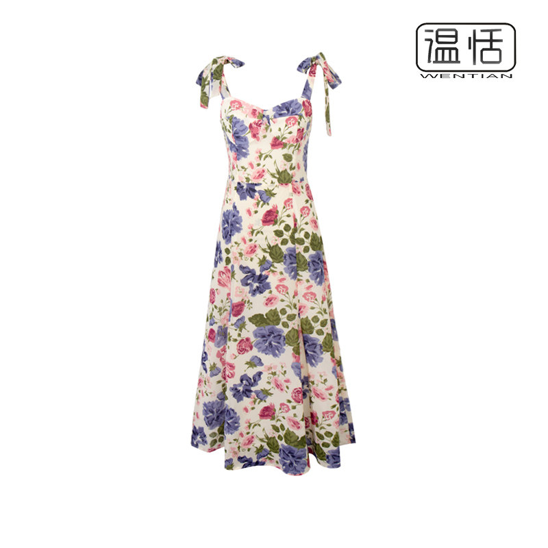 【包邮】欧美风夏季新款双肩系带碎花连衣裙修身显瘦无袖A字长裙