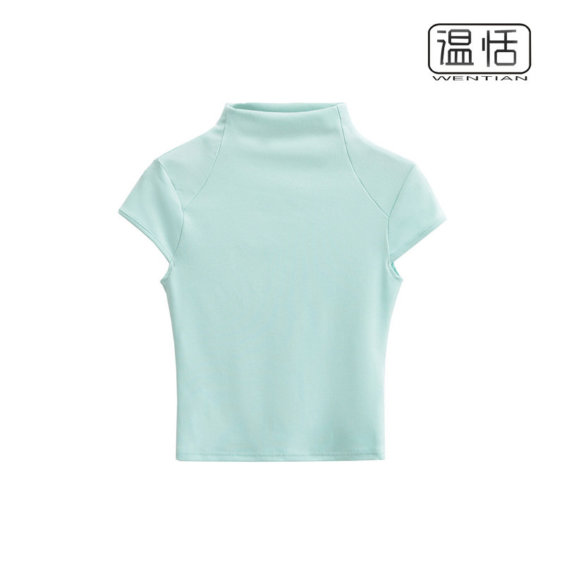 【包邮】辣妹半高领纯色套头性感T恤女弹力紧身收腰春夏短袖上衣