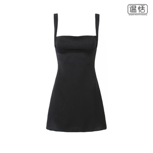 性感裹胸吊帶裙修身 包郵 歐美夏季 顯瘦收腰A字連衣裙黑色短裙