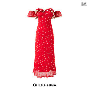 【包邮】辣妹性感一字肩露锁骨两穿红底碎花长裙子显瘦鱼尾连衣裙