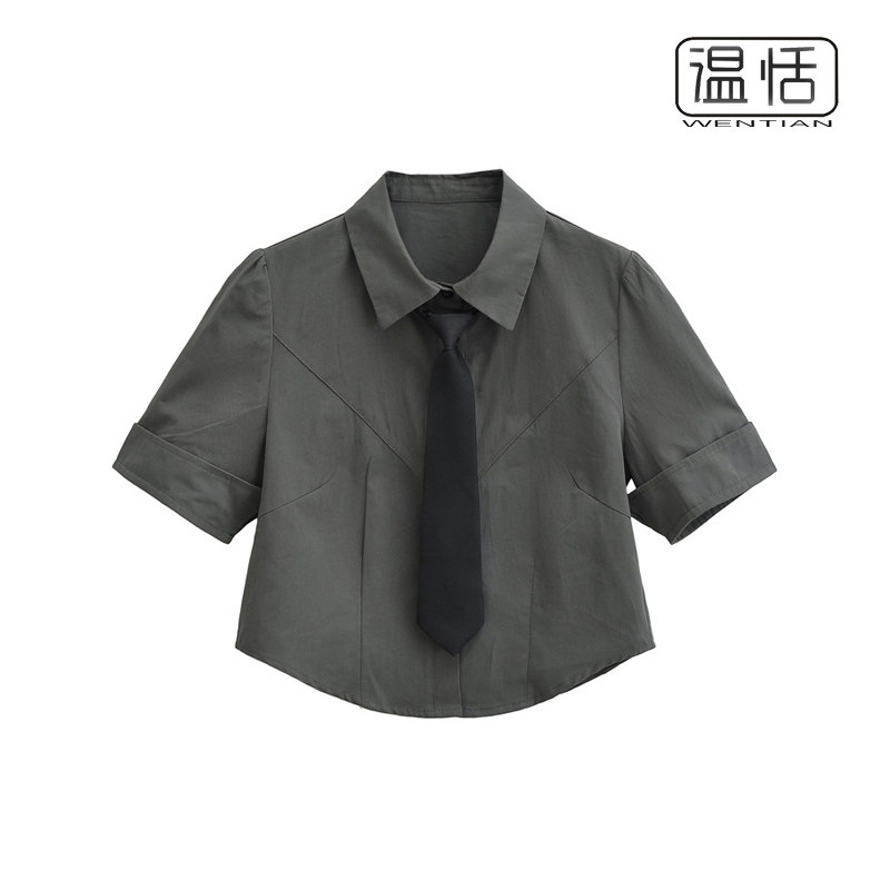 【包邮】学院风辣妹短袖衬衫女显瘦粉色jk制服高腰小个子领带上衣