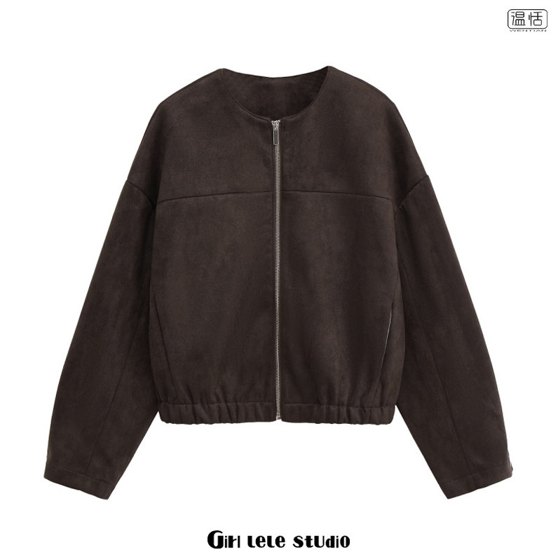 美式复古风圆领拉链反绒皮夹克