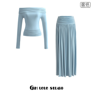 包邮 收腰褶皱中长款 法式 上衣打底衫 半身裙 一字肩露锁骨长袖