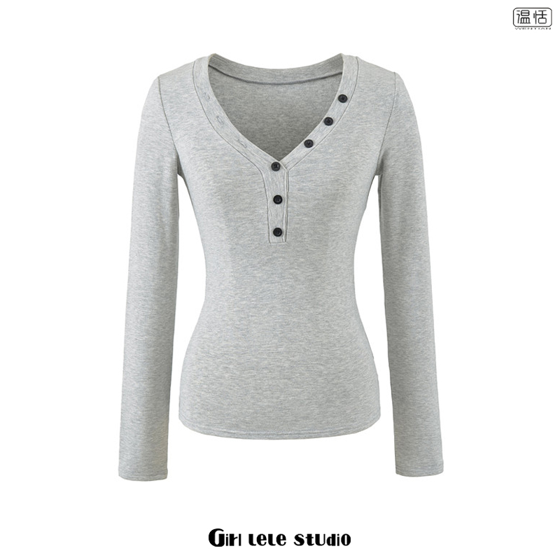 【包邮】美式复古V领纽扣饰灰色长袖T恤女修身显瘦加绒打底衫上衣
