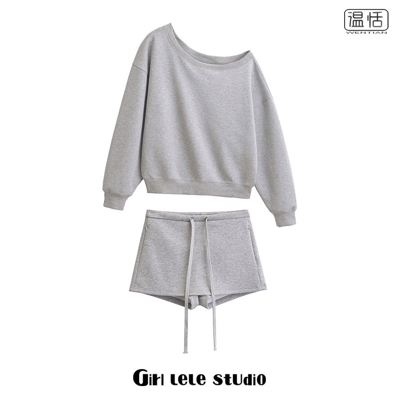 【包邮】2026秋季斜肩套头长袖卫衣休闲套装女低腰抽色半身裙裤子