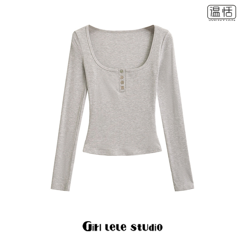 【包邮】欧美修身U领纽扣露锁骨打底衫复古灰色收腰显瘦长袖上衣