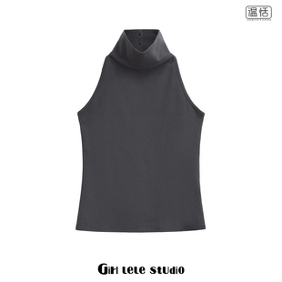 显瘦打底衫 背心女修身 纯欲辣妹高领性感露背无袖 系扣上衣 包邮