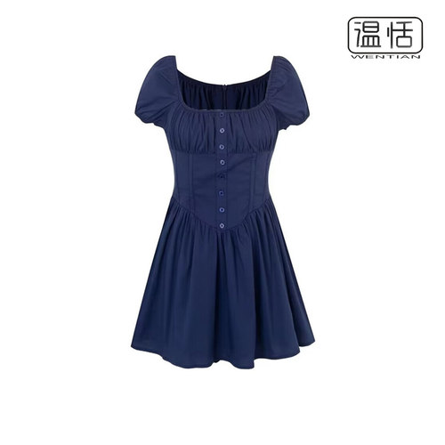 欧美风A字纯色泡泡袖连衣裙