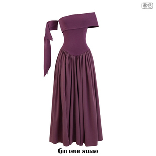 【包邮】美式复古辣妹风气质性感修身显瘦一字肩飘带速干连衣裙女