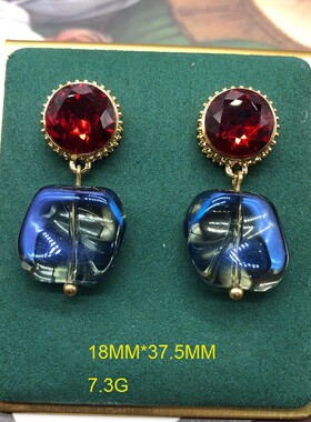 镀18k金法式复古Vintage红蓝色妖姬琉璃水晶轻奢银针耳钉项链套装