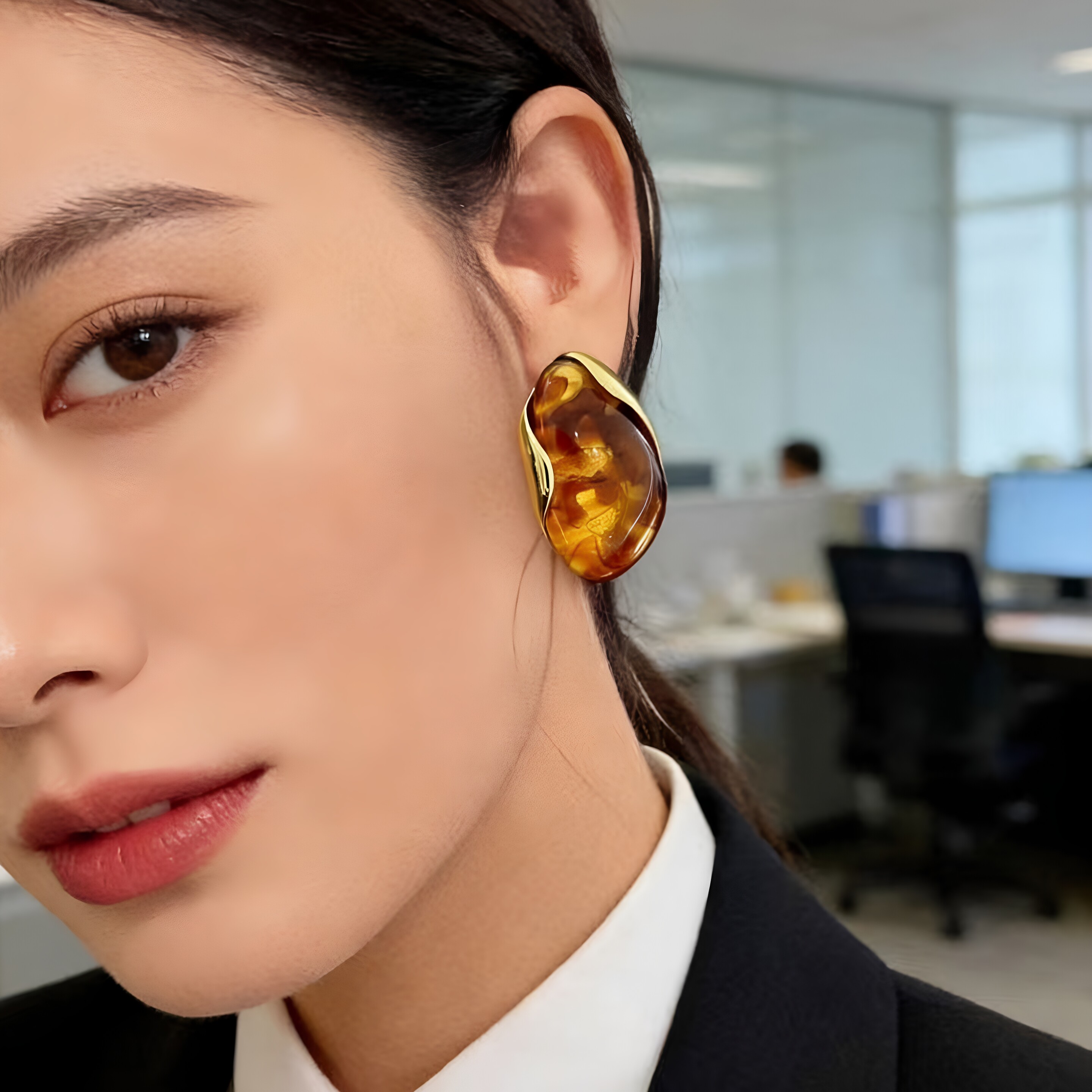 中古金属水滴耳环不规则气质琥珀纹理耳饰女感法式小众S925耳钉潮