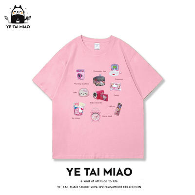 YE TAI MIAO中古KT猫玩具印花短袖女2024夏季纯棉粉色t恤小众显瘦
