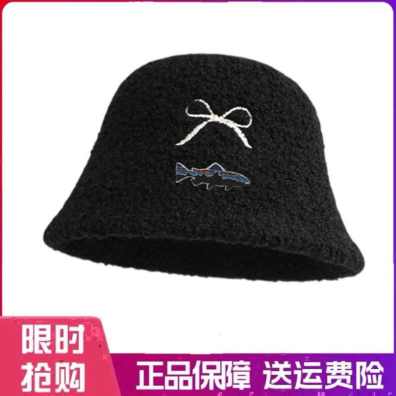 户外帽子小众羊羔毛绒蝴蝶结刺绣盆帽女秋冬保暖百搭显脸小渔夫帽