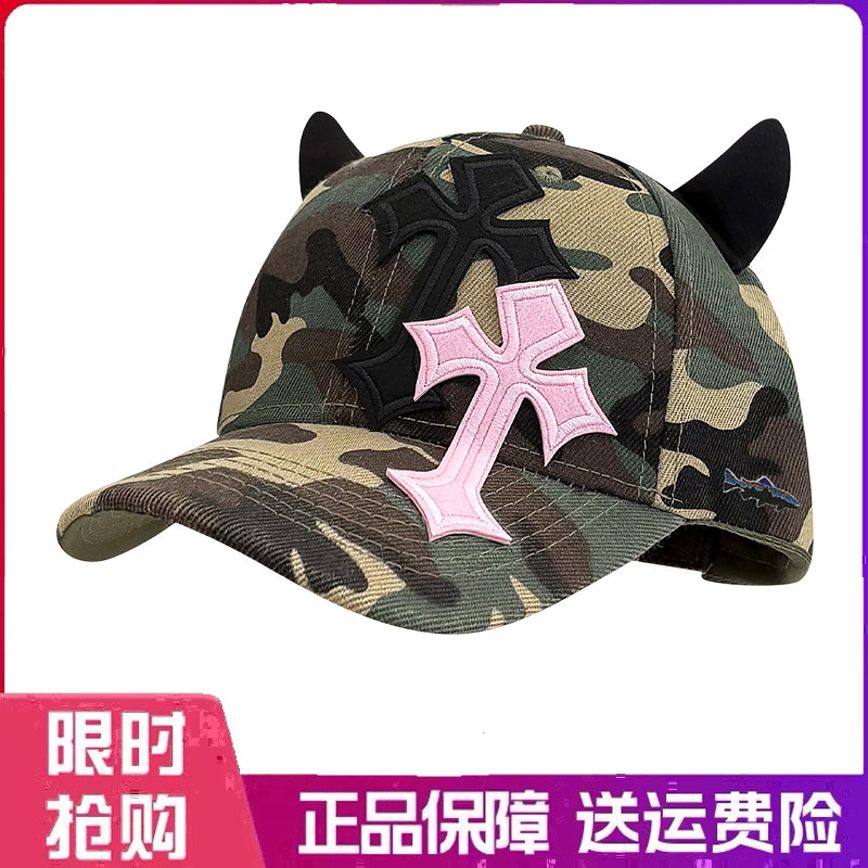 户外帽子恶魔十字架贴布刺绣迷彩牛角棒球帽男女可调节鸭舌帽子