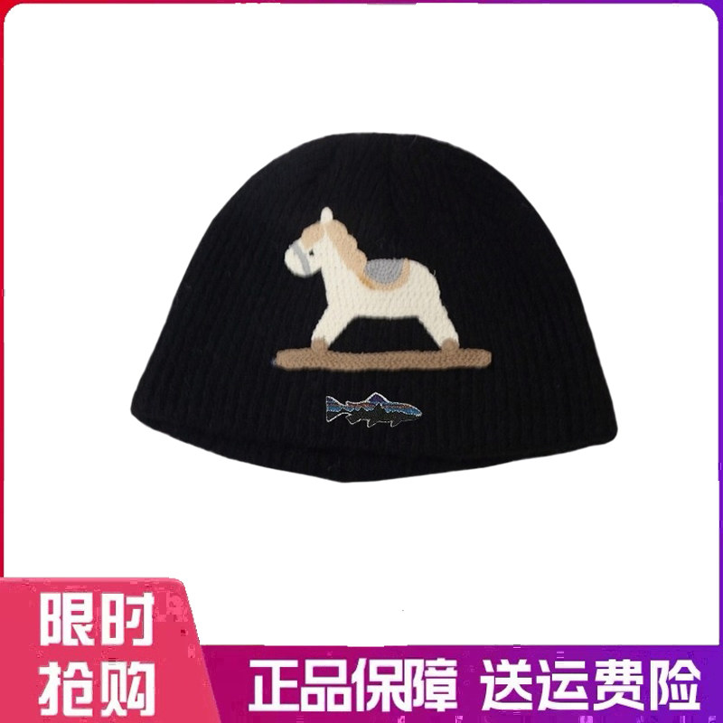 户外帽子甜美可爱小木马贴布针织毛线帽女秋冬保暖护耳保暖套头帽