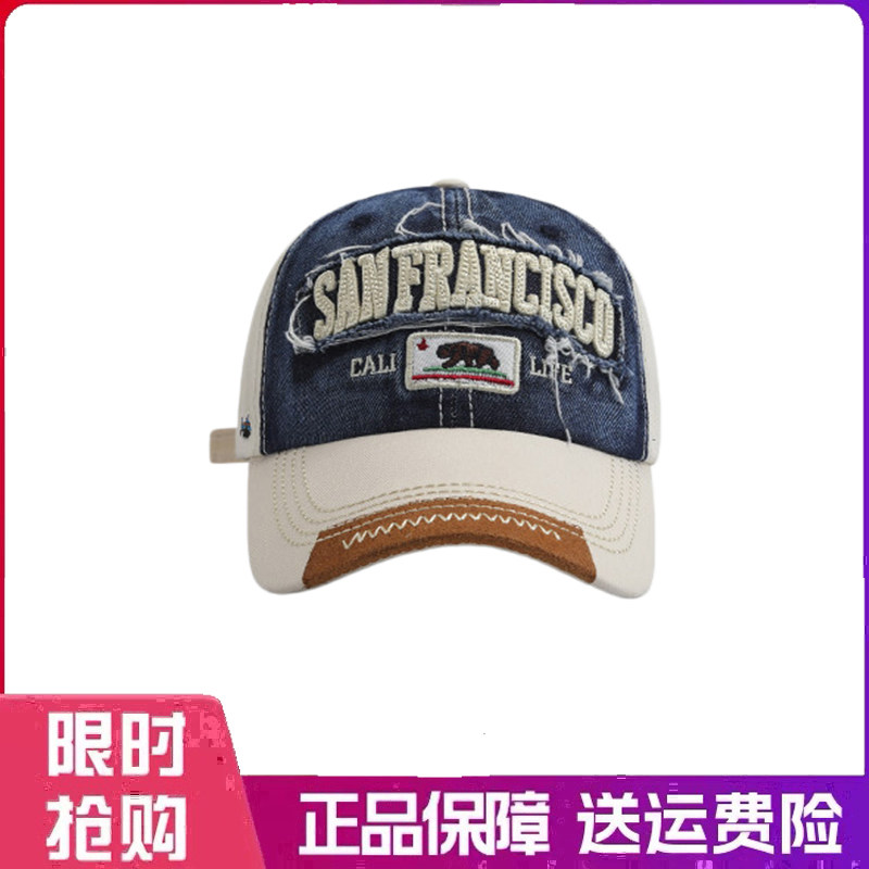 户外帽子韩版拼色鸭舌帽复古时尚休闲情侣字母刺绣弯檐遮阳棒球帽