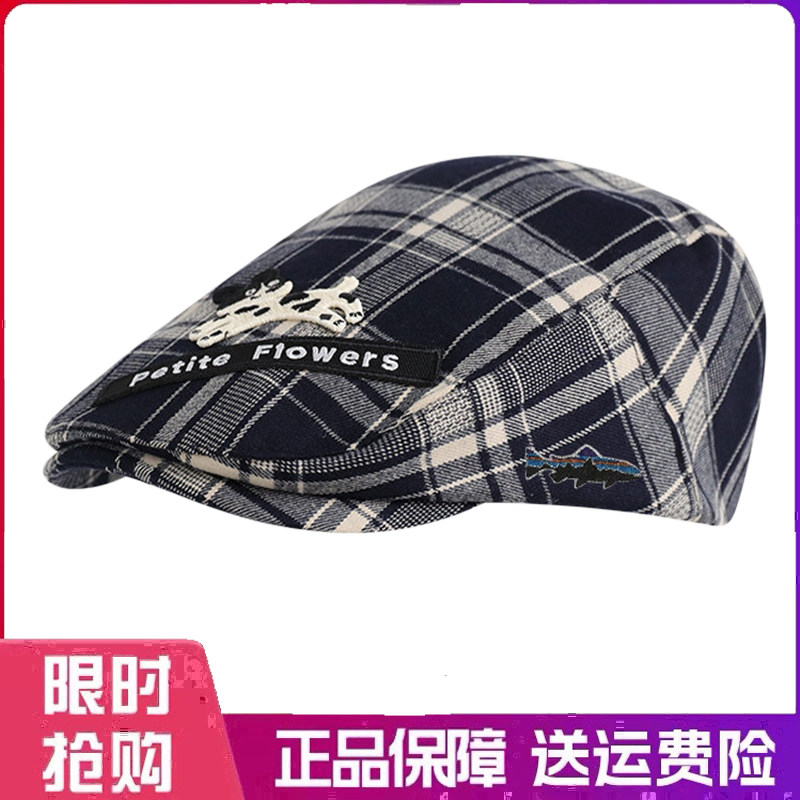 户外帽子格子小狗前进帽女韩版百搭大头围反戴贝雷帽显脸小报童帽