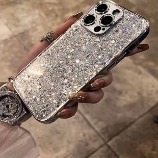 银色电镀闪粉适用苹果16promax手机壳高级感15轻奢华13小众pm女款iphone17pro全包防摔14/13亮面男女12PM潮流