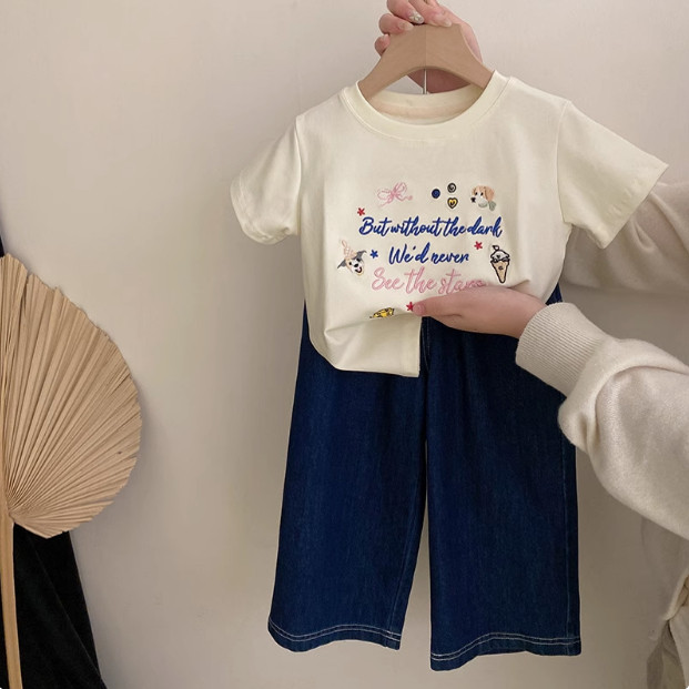 女童夏季短袖上衣韩版刺绣花小狗英文字母可爱女孩短袖夏装纯棉T9