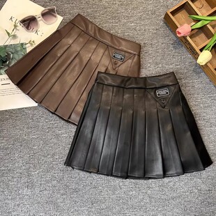 女童PU皮裙春秋冬款韩版短裙松紧腰中大童学院风时尚加厚皮短裙裤