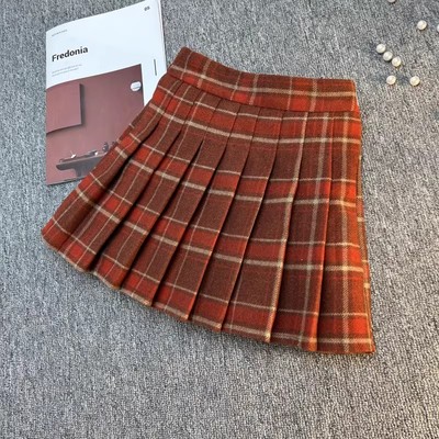 女童冬季红色毛呢格子百褶裙儿童宝宝学院风春秋冬短裙加厚半身裙